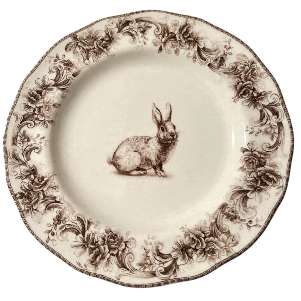 222 Fifth ARABELLA Brown & White Bunny Dinner Plates 12in Set of 4 New